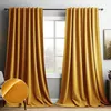 Two yellow velvet curtains are shown hanging in front of a window, with a close-up inset of the fabric texture. Anteprima dell’immagine prodotto
