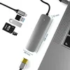 A USB-C adapter hub is shown connected to a laptop, with various accessories like SD cards and a USB drive laid out nearby. Dimensions are indicated with measurement lines. Produktbild-Vorschau