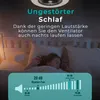 A young girl sleeps peacefully in a bed, with a ceiling fan and promotional text above her. A graphic comparing sound levels is at the bottom. Produktbild-Vorschau