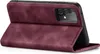 A burgundy flip case for a smartphone is shown open, revealing the phone's camera array. Produktbild-Vorschau