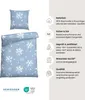 A product image featuring a blue snowflake-patterned duvet cover and pillowcase, with accompanying marketing text and icons detailing product features and certifications. Produktbild-Vorschau