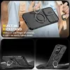 A collage of images showcasing a black phone case with a built-in kickstand and camera cover. Produktbild-Vorschau