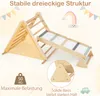 A wooden climbing triangle with a slide, decorated with a rainbow and bunting. Produktbild-Vorschau