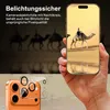 A hand holds a smartphone displaying a desert scene with camels. In the foreground, a close-up of an orange smartphone with a camera lens protector is shown. Produktbild-Vorschau