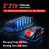 A marketing image showing two 21V lithium batteries and a charging station, with text highlighting features and specifications. Produktbild-Vorschau