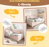 Collage showing two different installation types of a pink upholstered bed with scalloped headboard, presented with illustrative diagrams and text. Produktbild-Vorschau