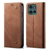 A brown leather flip case for a smartphone is shown from the front and back.