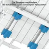 Close-up view of a white wire shelf organizer with blue plastic stoppers and white support rods, showing how the stoppers prevent drawers from sliding out completely. Voir les images du produit