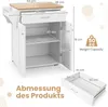 A diagram showing the dimensions of a white kitchen cart with a wooden top. Podgląd zdjęcia produktu