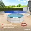 A round pool cover is shown placed over a pool, with text indicating its size and benefits. The scene is set on a wooden deck with a garden in the background. Produktbild-Vorschau