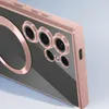 Close-up view of the back of a rose gold phone case with multiple camera lenses and a circular MagSafe ring. Produktbild-Vorschau