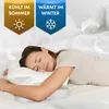A woman sleeping on a pillow in bed, with marketing text and graphics in the upper part of the image. Produktbild-Vorschau