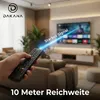 A hand holding a remote control in a living room, with a TV in the background. Produktbild-Vorschau