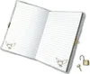 An open lockable notebook with lined pages and a plush cover, shown with a detached lock and key. Produktbild-Vorschau