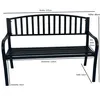 A black metal garden bench with dimensions indicated by text overlays. Produktbild-Vorschau