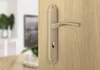 A close-up view of a bronze door handle and lock mechanism on a wooden door, with a blurred interior background. Produktbild-Vorschau
