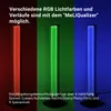 Three vertical light bars are shown, each illuminated with a different color: red, green, and blue. Text overlays describe the product's features. Produktbild-Vorschau