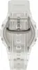 A close-up view of the back of a clear digital watch band and buckle. Produktbild-Vorschau