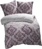 A bedding set with two pillowcases and a duvet cover, all featuring a baroque pattern in purple and gray. Produktbild-Vorschau