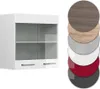 A white wall cabinet with glass doors and two drawers, shown next to a stack of circular color samples. Produktbild-Vorschau