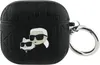 A black Karl Lagerfeld AirPods case with a Karl Lagerfeld and Choupette cat graphic and a silver keyring. Voir les images du produit