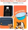 Collage showing different aspects of a pet travel product, including a water bottle in a side pocket, a collapsible bowl with a lid, dog treats, and a dog. Anteprima dell’immagine prodotto