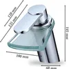 A chrome and glass faucet with dimensions indicated. Produktbild-Vorschau