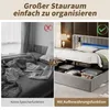 A split image comparing a messy bed with a tidy bed featuring storage. Produktbild-Vorschau