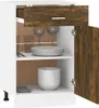A white kitchen cabinet with a drawer and a door open, showing shelves with dishes and glasses. Náhled obrázku produktu