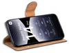 A smartphone in a flip case, with product specifications displayed on the screen. Produktbild-Vorschau