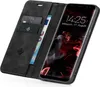 A black flip case for a Samsung Galaxy S8 phone, shown open with the phone inside and cards and a banknote in the case. Produktbild-Vorschau