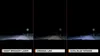 A comparison of three different car headlight bulbs at night, showing their light output on a road. Produktbild-Vorschau