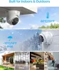 Collage showing a security camera's indoor and outdoor capabilities, temperature range, and various installation locations. Produktbild-Vorschau
