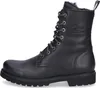 A black leather lace-up boot with a white and black patterned lace. Voir les images du produit