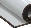A close-up, angled view of a rolled-up white tarp with a reinforced black and brown striped edge and grommets. Produktbild-Vorschau