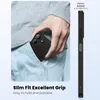 A person is putting a black phone case into their jeans pocket, and a side view of the phone case is shown with a measurement indicating added thickness. Produktbild-Vorschau