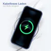A smartphone is placed on a wireless charger, indicating charging. Produktbild-Vorschau