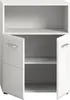 A white, high-gloss cabinet with two doors and one shelf, shown from the front with the doors slightly ajar. Podgląd zdjęcia produktu