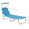 A blue foldable lounge chair with a sun canopy, shown from a side angle with dimensions indicated. Produktbild-Vorschau