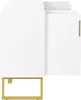 A white sideboard with a geometric front design and gold metal legs is shown from the side with one door open. Produktbild-Vorschau