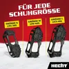 Three sizes of shoe spikes are displayed on a snowy surface against a red background with text. Produktbild-Vorschau