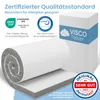 A rolled-up mattress topper is shown next to its packaging, with various certifications and descriptive text. Produktbild-Vorschau