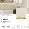 A close-up of a cream-colored sofa fabric with product details and icons. Produktbild-Vorschau