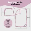Diagram showing the dimensions of a two-piece bedding set, including a pillowcase and a duvet cover, with a close-up of a zipper. Produktbild-Vorschau