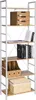 A tall, narrow bookshelf with wooden shelves and a white metal frame, filled with various items. Produktbild-Vorschau