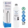 A product shot of a refrigerator water filter and its packaging, with certification badges. Produktbild-Vorschau