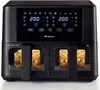 A black dual-chamber air fryer with french fries visible in both chambers. Produktbild-Vorschau