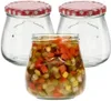 Three glass jars with red and white checkered lids are shown against a white background. One jar in the foreground is filled with a colorful mixture of diced vegetables. Produktbild-Vorschau