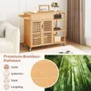 A kitchen island cart made of bamboo, shown in a room setting with a sofa and curtains, and a separate image of a bamboo forest. Podgląd zdjęcia produktu