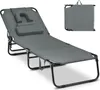 A gray folding lounge chair with a headrest is shown against a white background. A smaller image of the chair folded is in the upper right corner. Náhled obrázku produktu